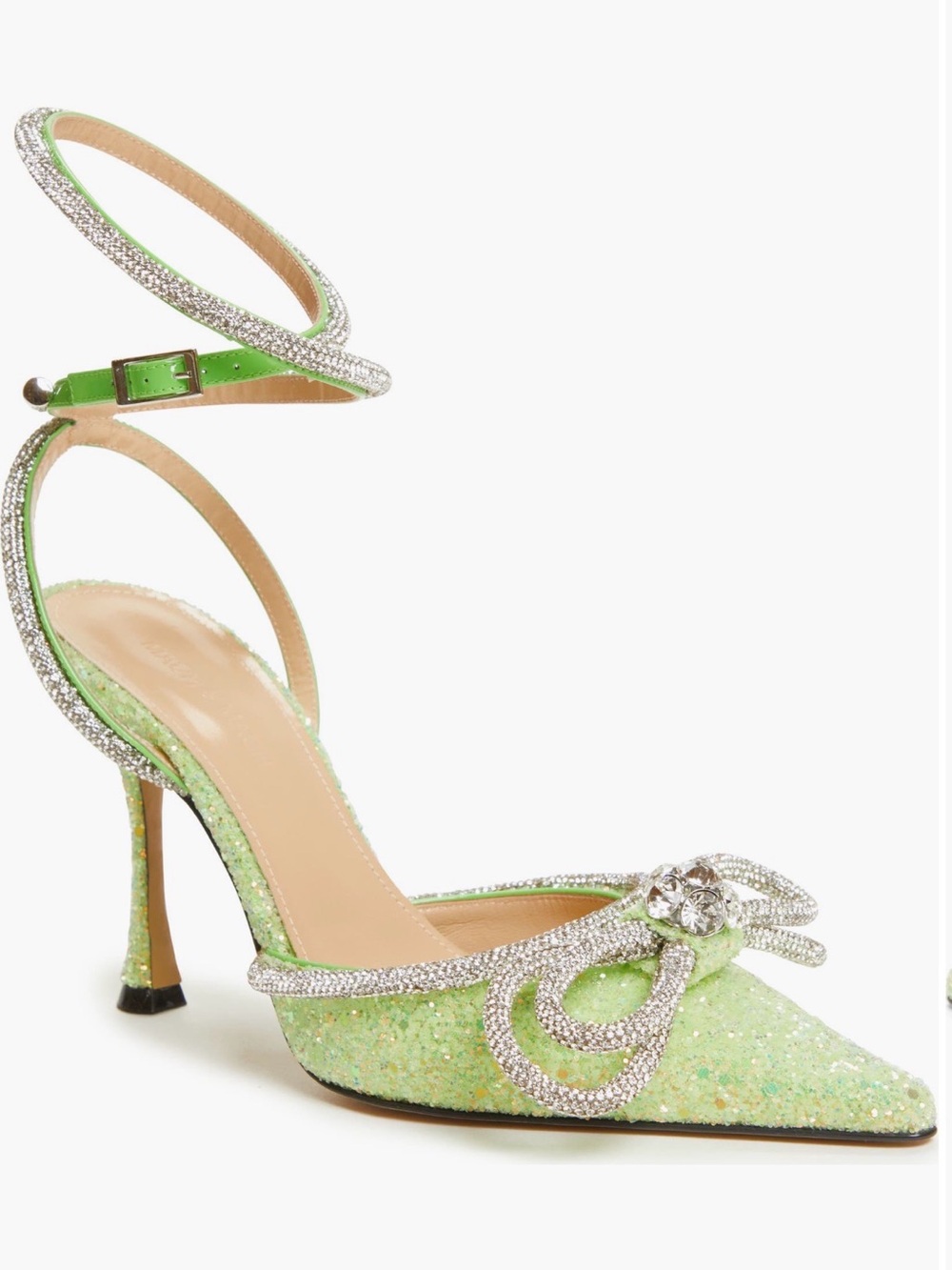 MACH & MACH Lime Green Glitter Pointed-Toe Ankle-Strap Pump with Crystal Bow